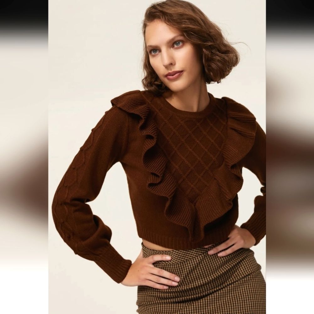 Louna Brown Ruffle Front Cropped Sweater Size XS